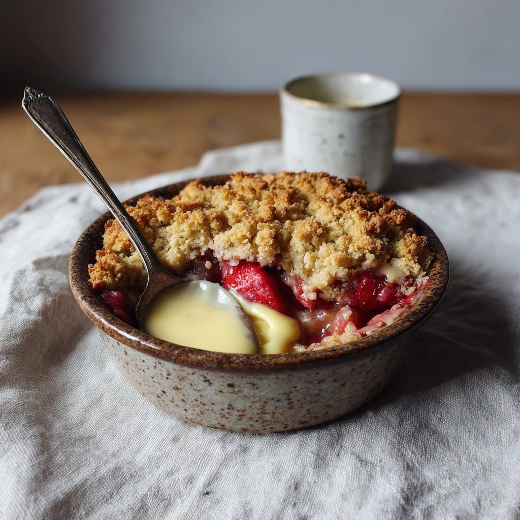 Erdbeer-Rhabarber-Crumble mit Vanillesauce
