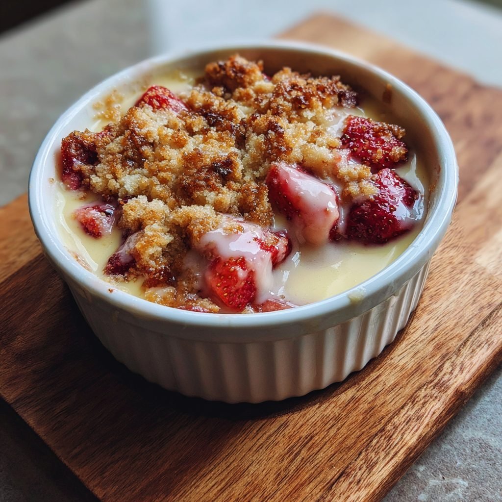 Erdbeer-Rhabarber-Crumble mit warmer Vanillesauce
