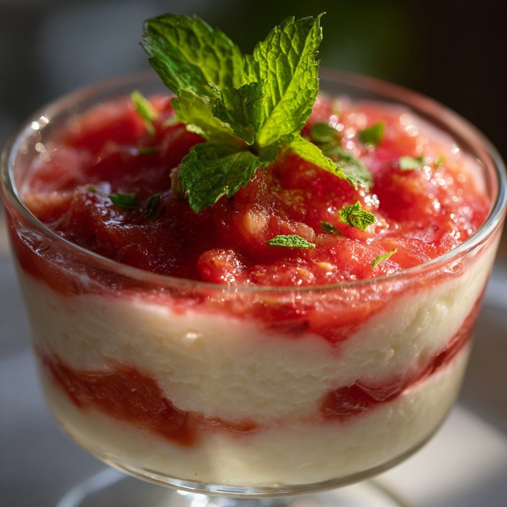 Erdbeer-Rhabarber-Kompott mit Vanille-Grießpudding