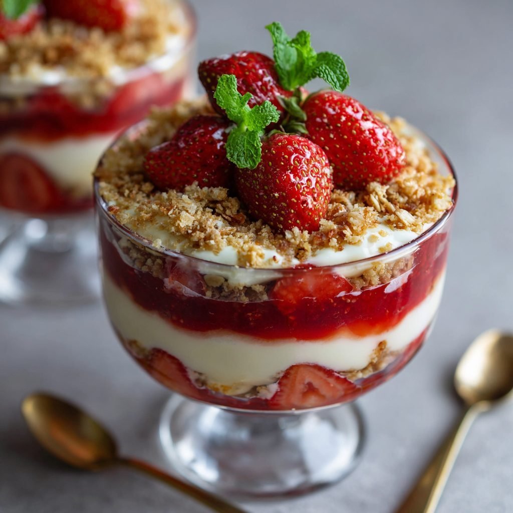 Erdbeer-Rhabarber-Trifle mit Vanillecreme und Haferflocken-Crunch