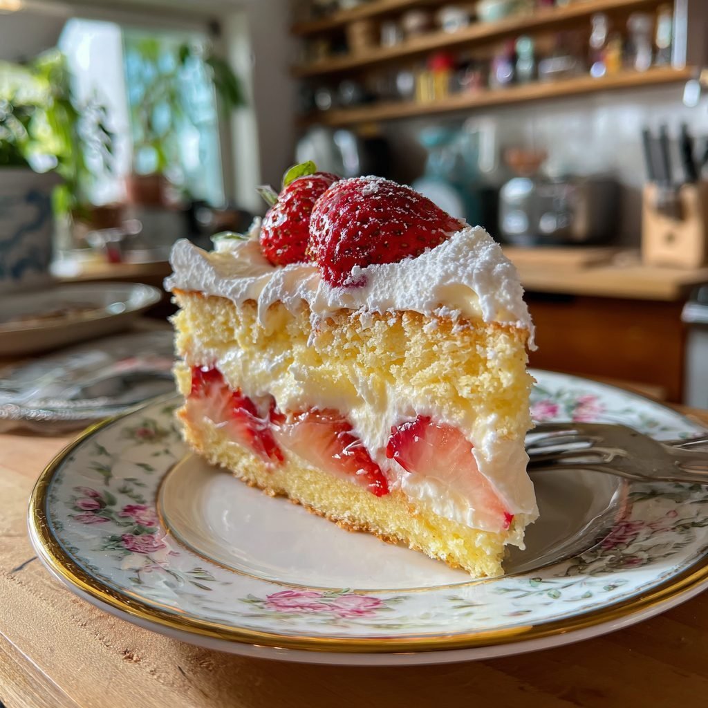 Erdbeer-Vanillepudding-Kuchen mit Fruchtaufguss