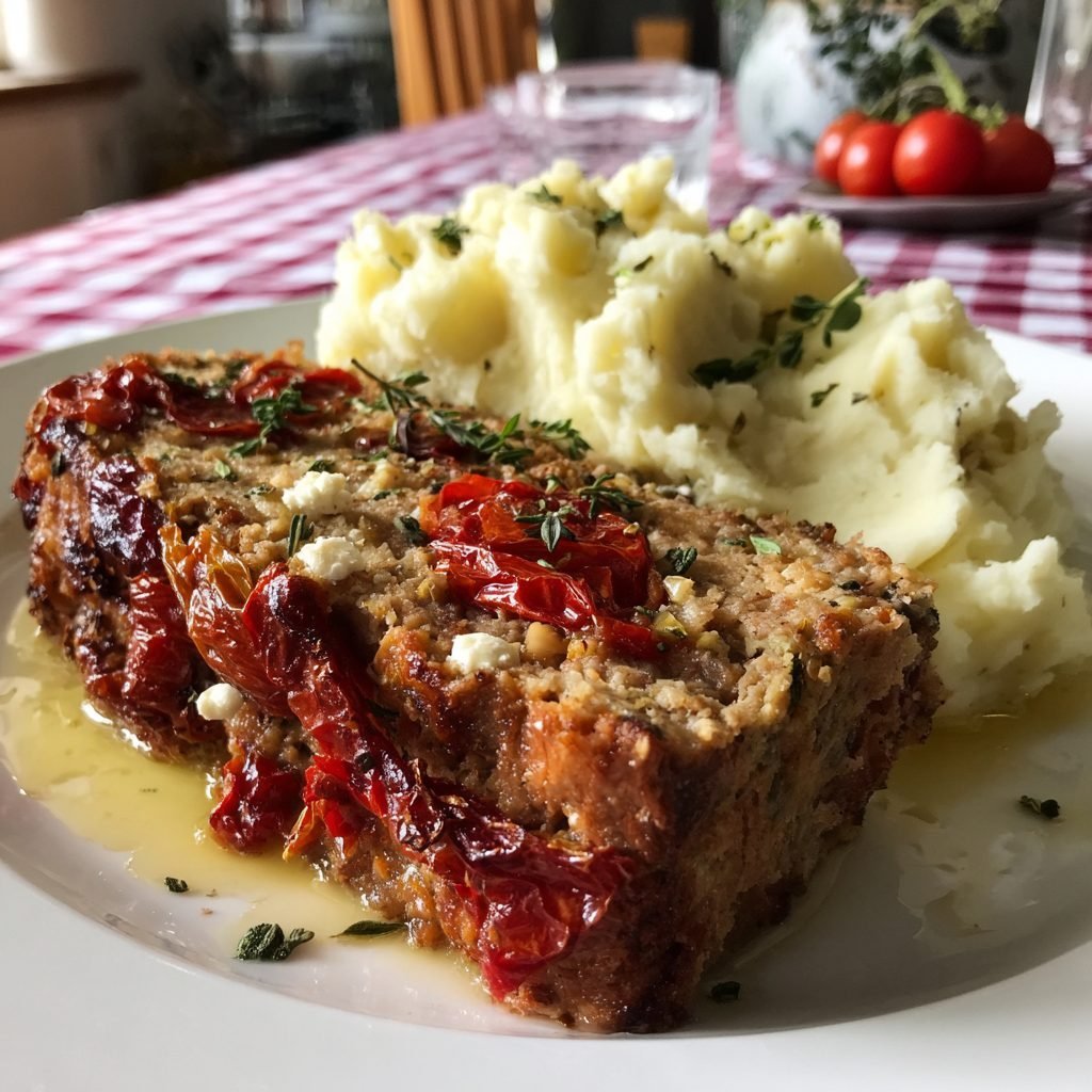 Falscher Hase aus Lammhackfleisch mit getrockneten Tomaten und Feta