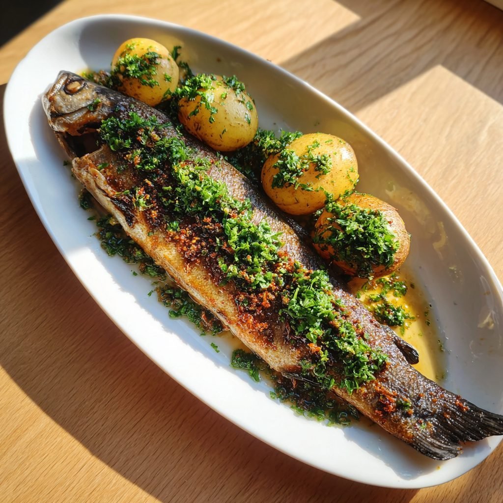 Forelle Müllerin Art mit Mandelbutter und Petersilienkartoffeln