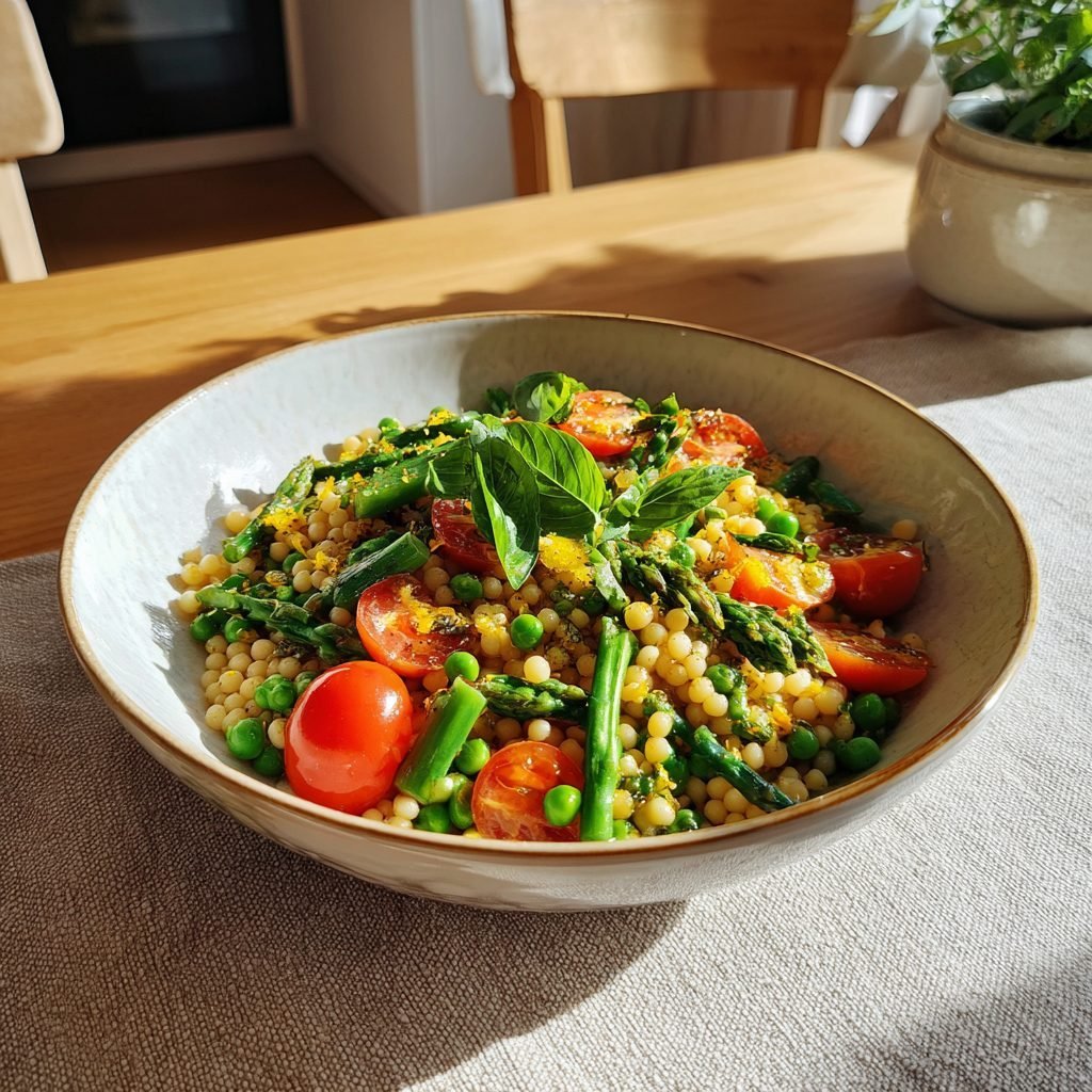 Fregola Sarda mit Frühlingsgemüse und Zitrone