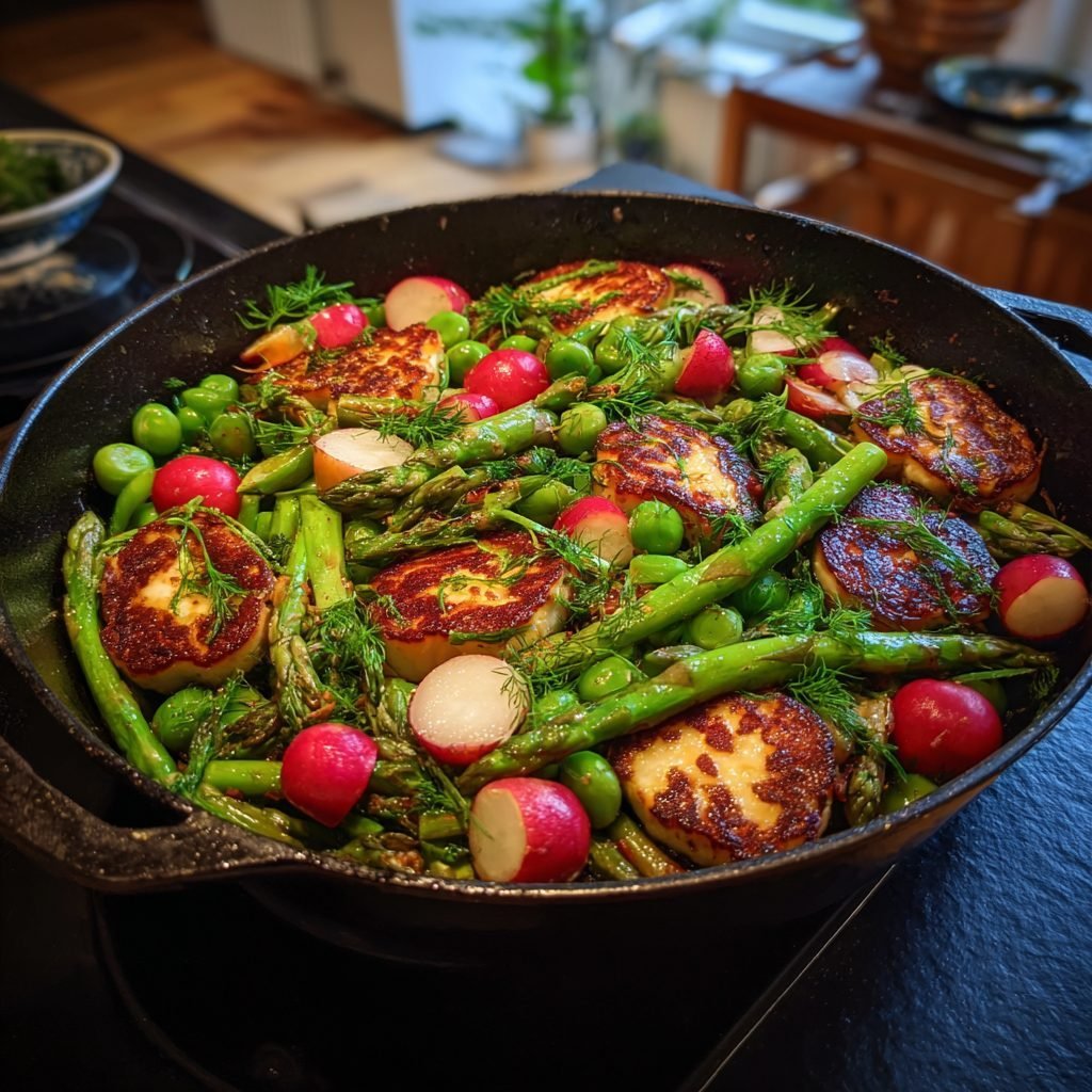 Frühlings-Gemüse-Pfanne mit Halloumi und frischen Kräutern