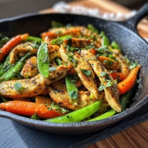 Frühlings-Hähnchenpfanne mit jungen Möhren, Zuckerschoten und frischen Kräutern