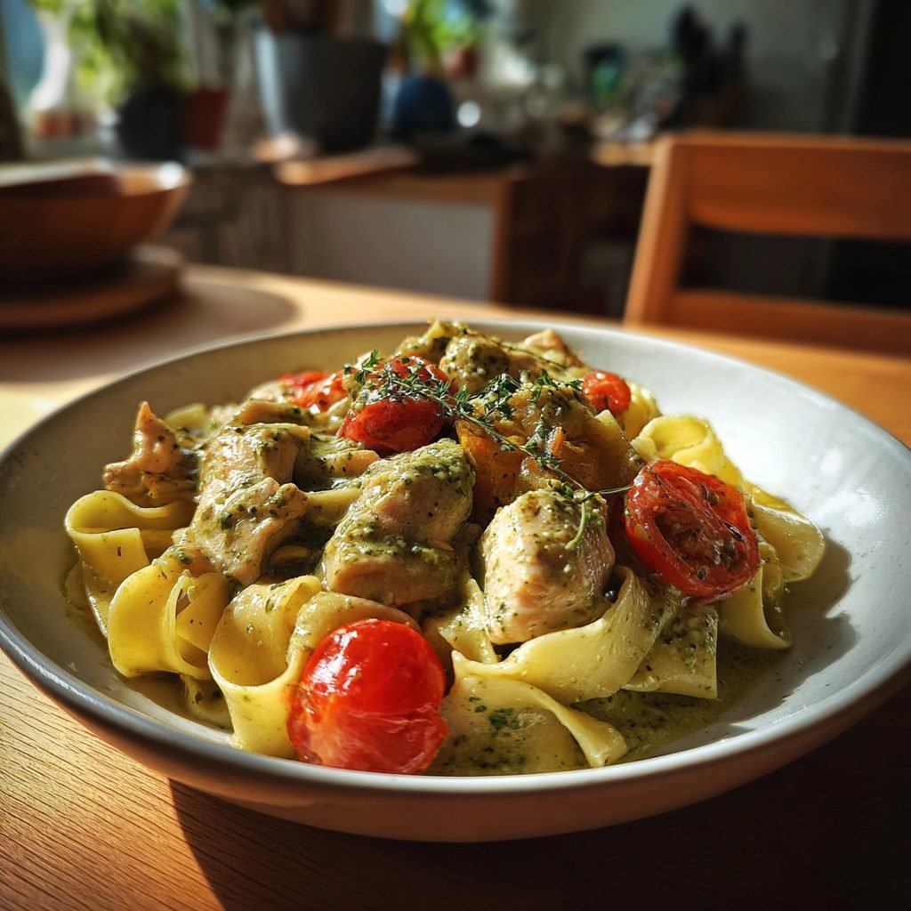 Frühlings-Hähnchenragout mit Bärlauchpesto und Pappardelle