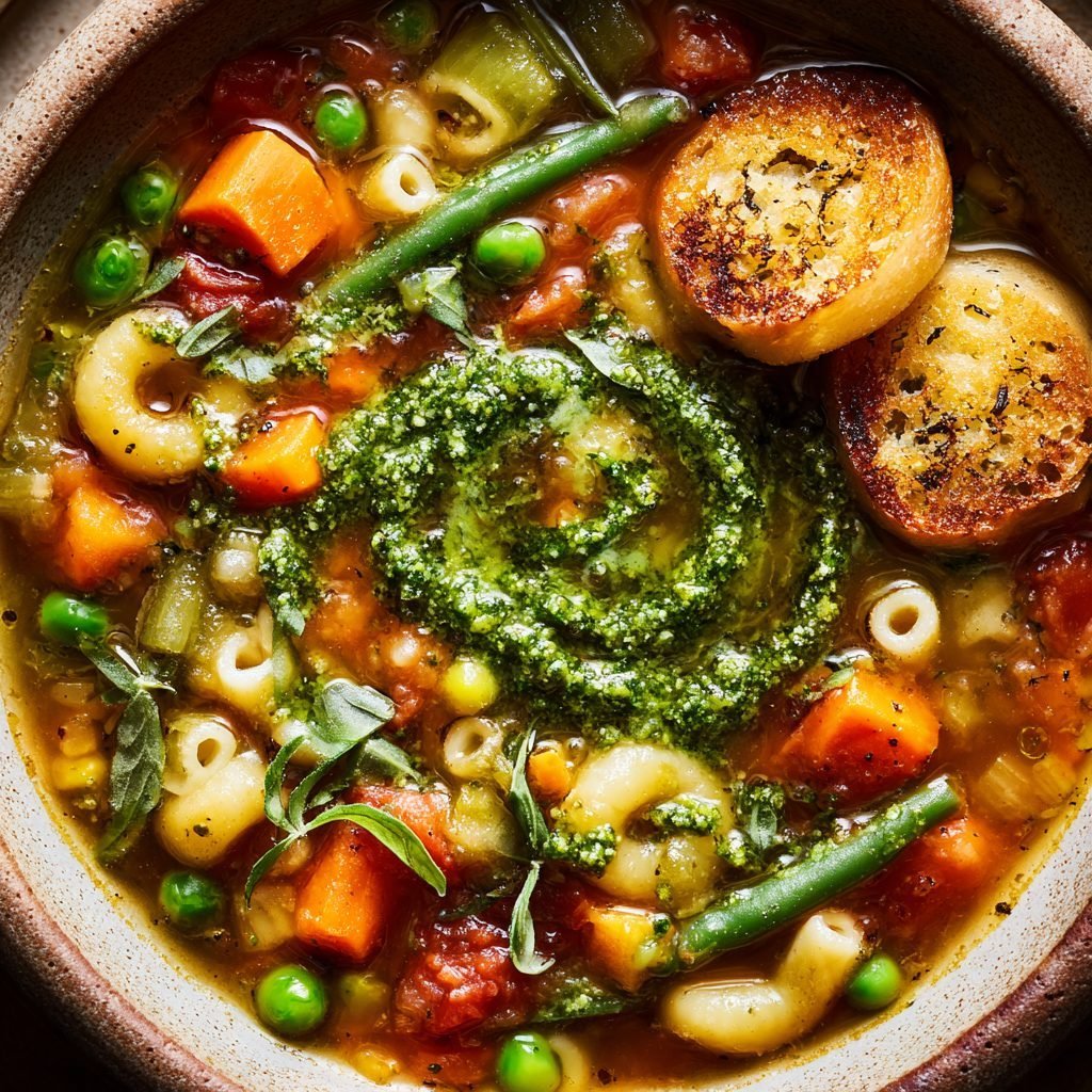 Frühlings-Minestrone mit Pesto und Crostini