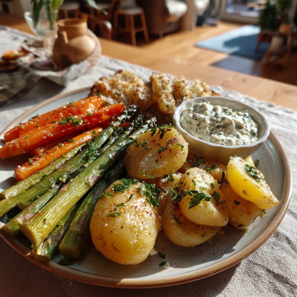 Frühlingsgemüse-Teller mit Pellkartoffeln und Kräuterquark