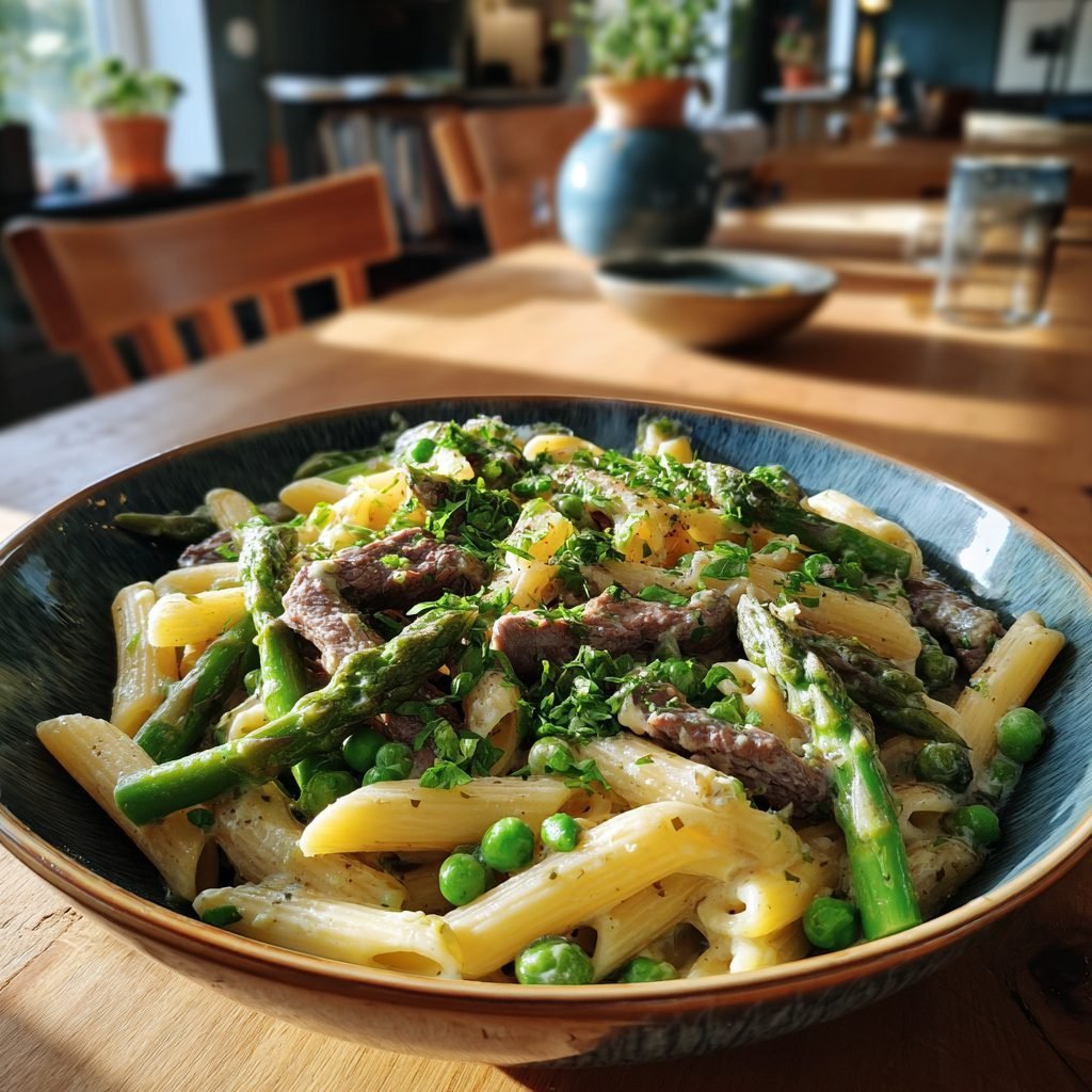 Frühlingshafte Nudeln mit Rinderfiletstreifen, grünem Spargel und Zitronen-Ricotta
