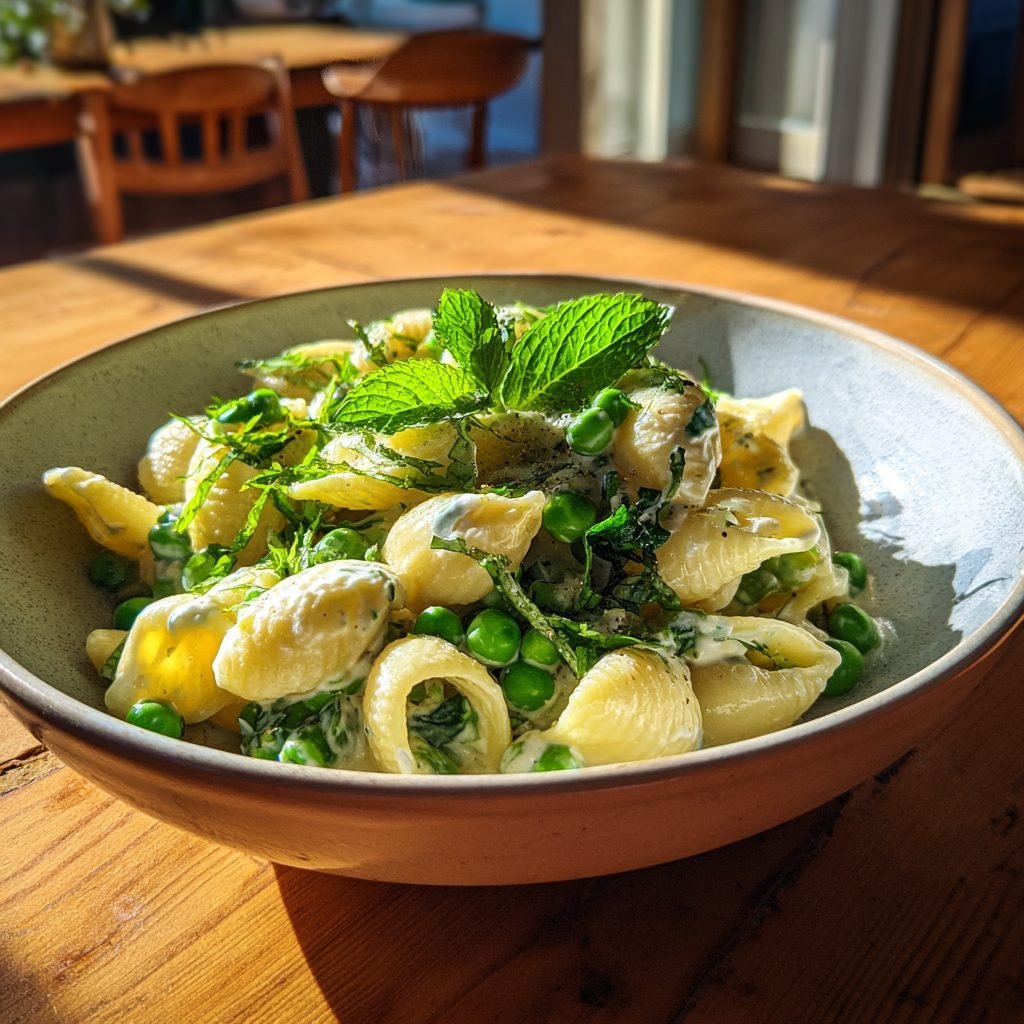 Frühlingspasta mit cremigem Ricotta, jungen Erbsen und frischer Minze