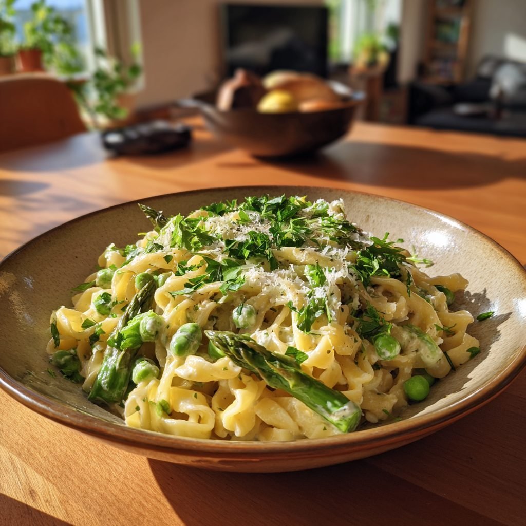 Frühlingspasta mit grünem Spargel, Erbsen und Zitronen-Ricotta