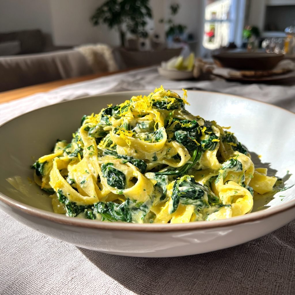 Frühlingspasta mit Ricotta, Spinat und Zitronenschale