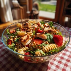 Frühsommerlicher Nudelsalat mit Hähnchenbrust, Erdbeeren und Balsamico-Dressing
