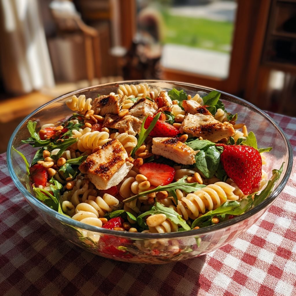 Frühsommerlicher Nudelsalat mit Hähnchenbrust, Erdbeeren und Balsamico-Dressing