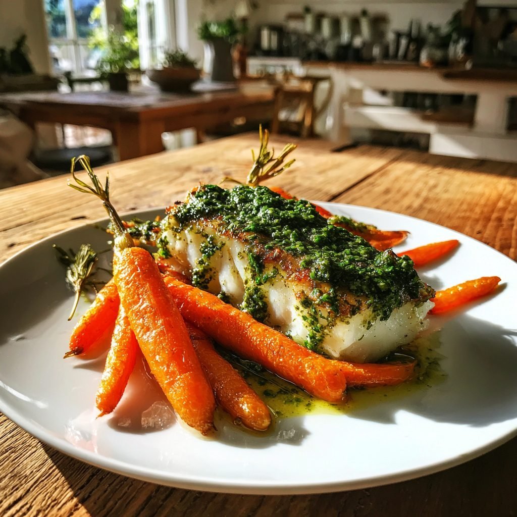 Gebackener Zander mit Bärlauch-Pesto und jungen Karotten