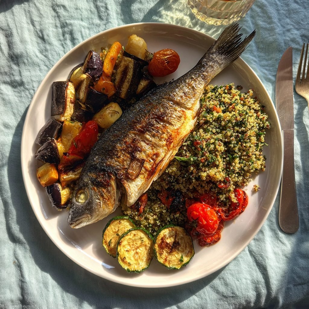Gebratene Dorade mit mediterranem Gemüse und Kräuter-Quinoa