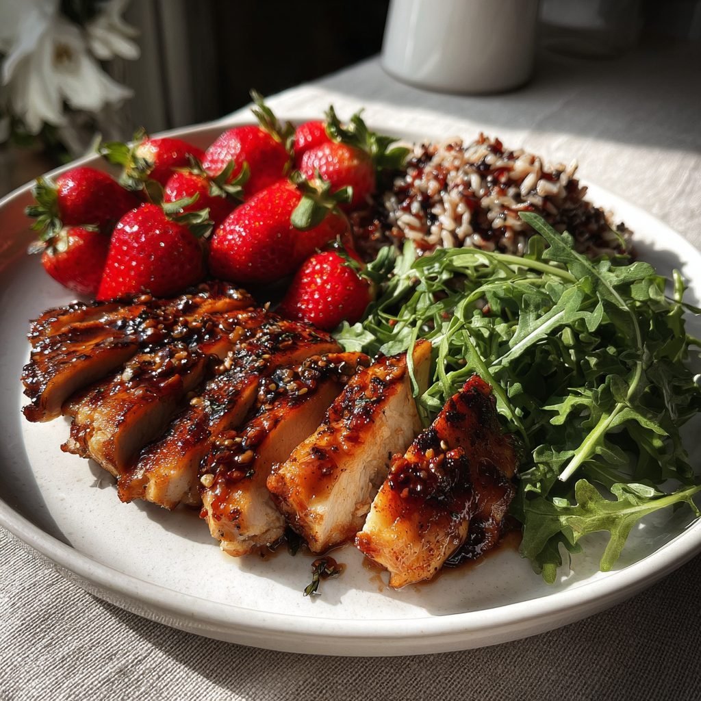 Gebratene Hähnchenbrust mit Erdbeer-Balsamico-Salat und Wildreismischung