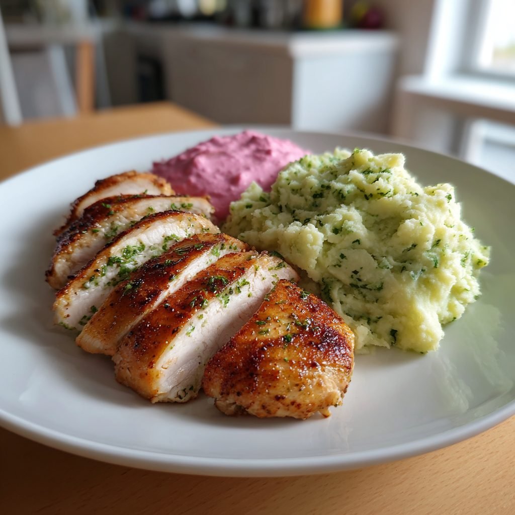 Gebratene Hähnchenbrust mit Radieschen-Quark-Dip und Kräuter-Kartoffelstampf