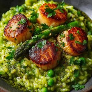 Gebratene Jakobsmuscheln auf Spargelrisotto mit Zitronen-Kräuter-Öl