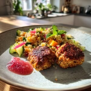 Gebratene Lammfrikadellen mit Rhabarber-Chutney und Couscous-Salat