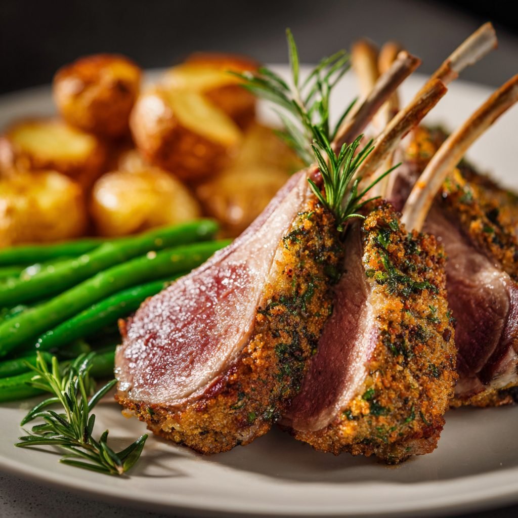 Gebratene Lammkarrees mit Kräuterkruste, Rosmarinkartoffeln und grünen Bohnen
