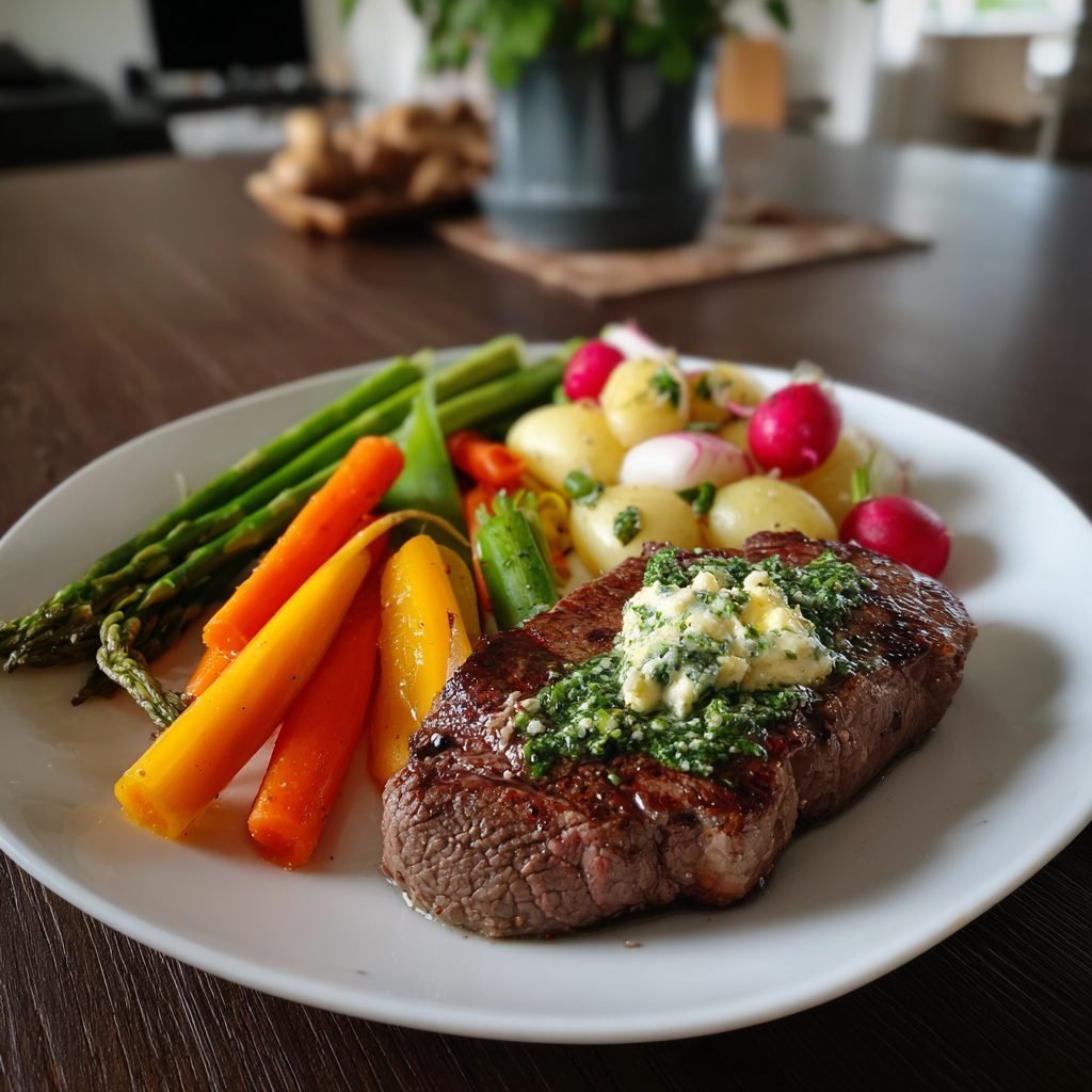Gebratene Rinderhüftsteaks mit Bärlauch-Kräuterbutter und Frühlingsgemüse-Ragout
