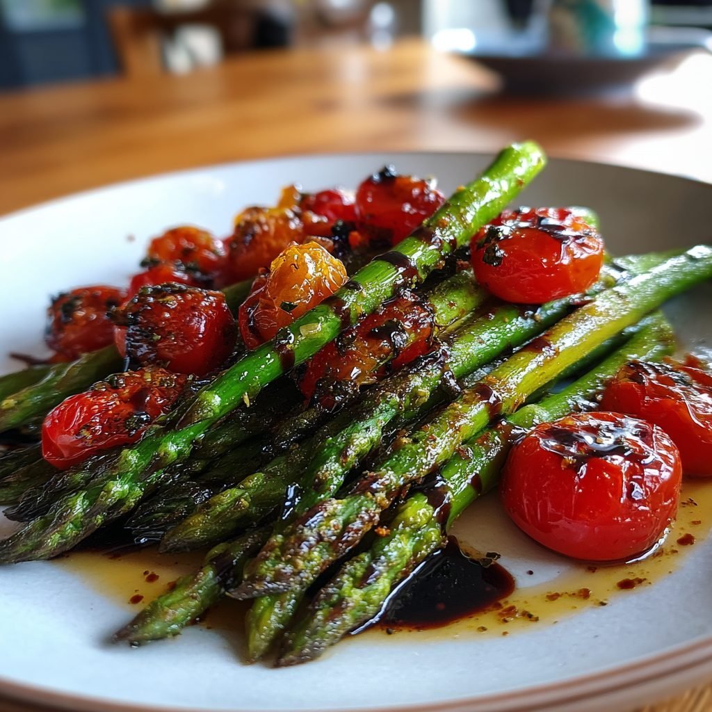 Gebratener Grüner Spargel mit Kirschtomaten und Balsamico-Reduktion