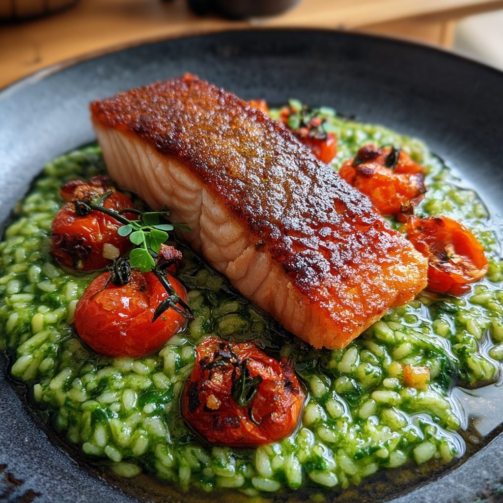 Gebratener Lachs auf cremigem Bärlauchrisotto mit gerösteten Kirschtomaten