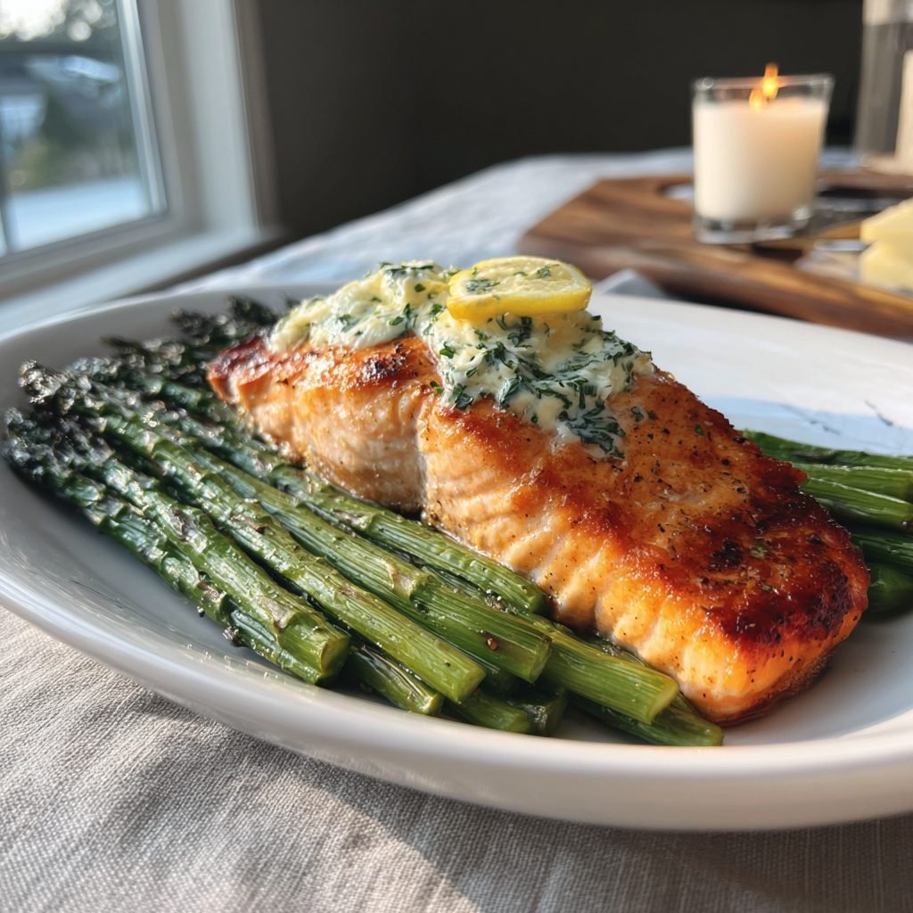 Gebratener Lachs mit Grünem Spargel und Kräuter-Zitronen-Butter
