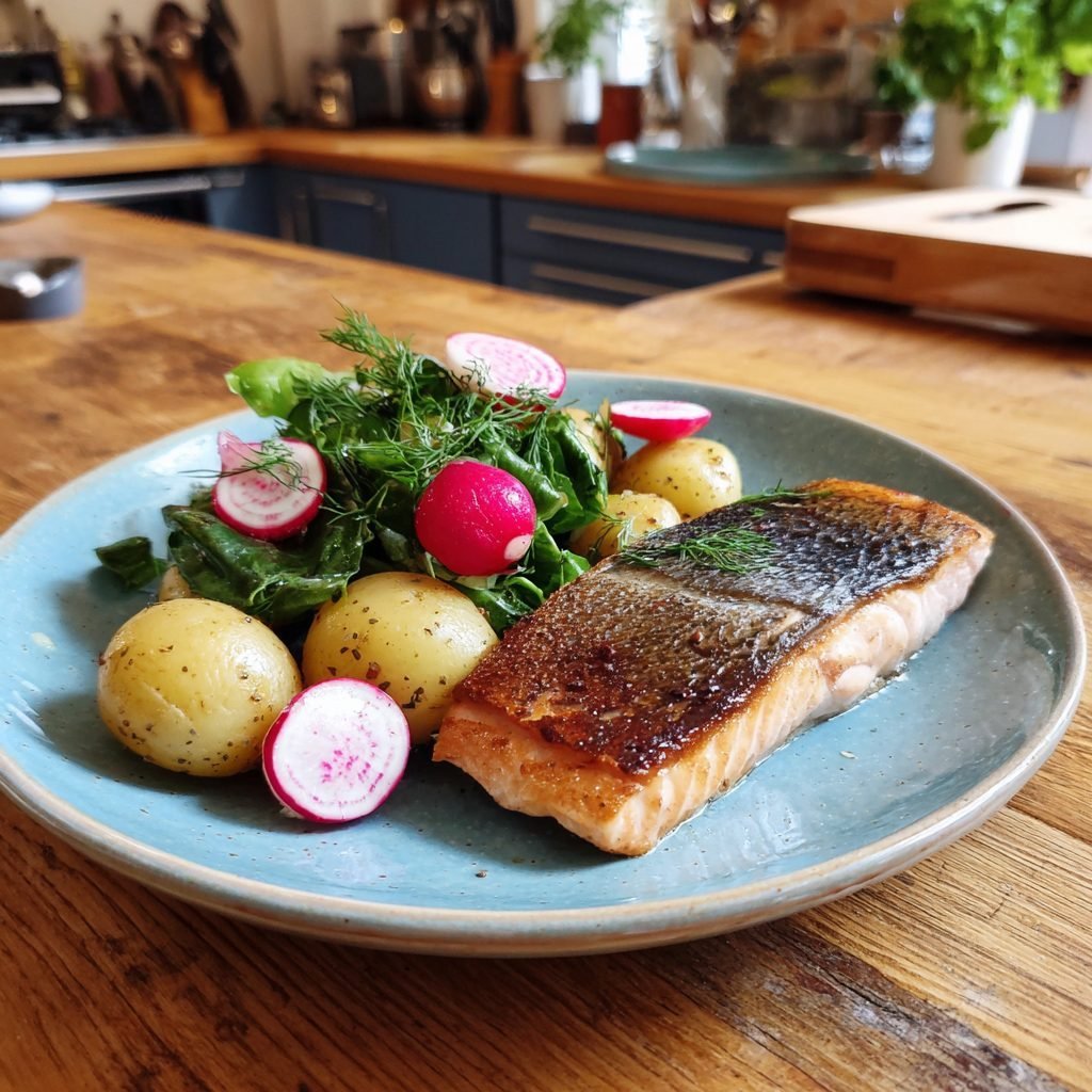 Gebratener Lachs mit Radieschen-Dill-Salat und Neuen Kartoffeln