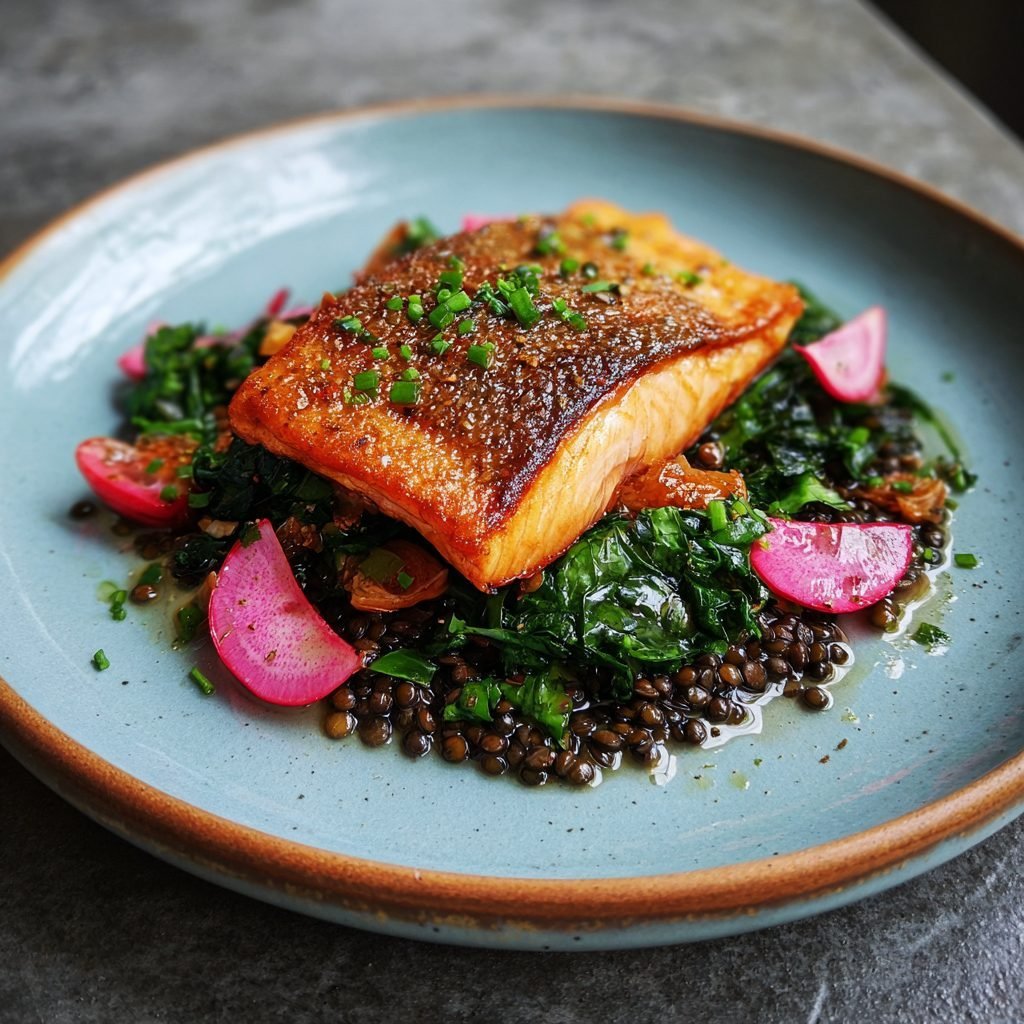 Gebratenes Forellenfilet auf Linsen-Bärlauch-Salat mit gebratenen Radieschen