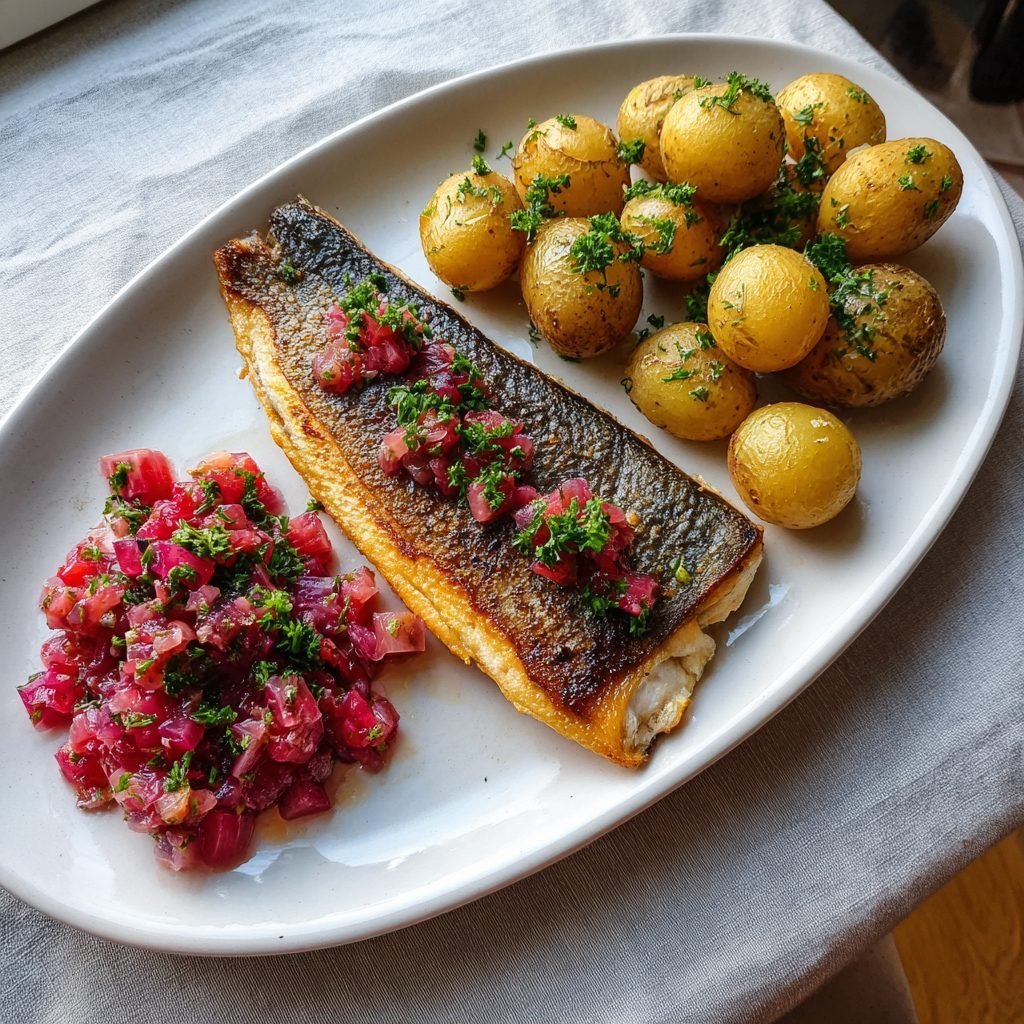 Gebratenes Forellenfilet mit Rhabarber-Chutney und Petersilienkartoffeln