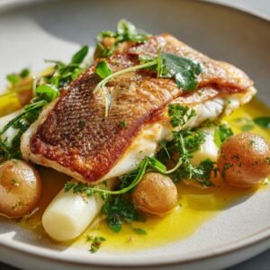 Gebratenes Forellenfilet mit weißem Spargel und neuen Kartoffeln in Zitronenbutter