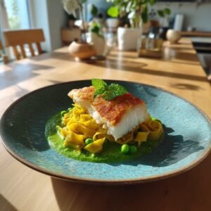 Gebratenes Kabeljaufilet auf Erbsen-Minz-Püree mit Zitronen-Tagliatelle