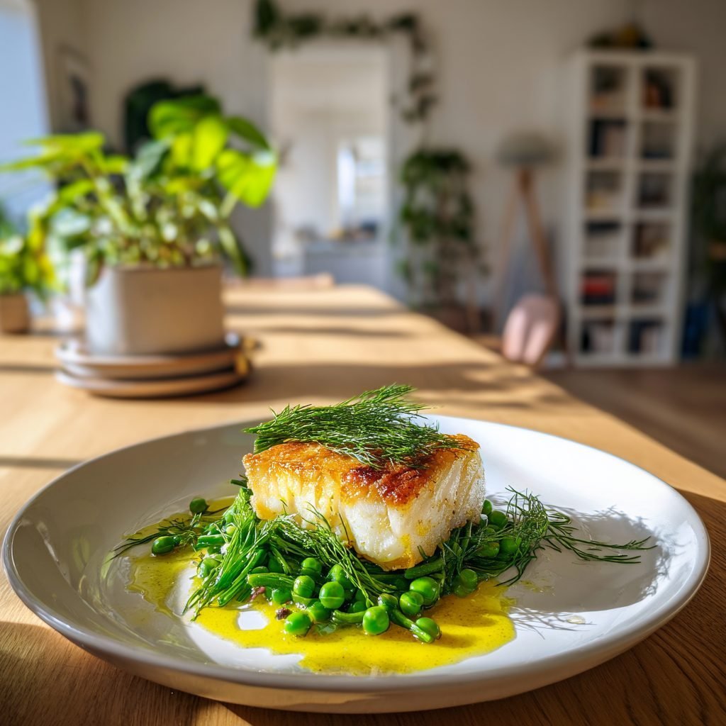 Gebratenes Kabeljaufilet auf jungem Erbsen-Fenchel-Gemüse mit Dill-Zitronen-Butter