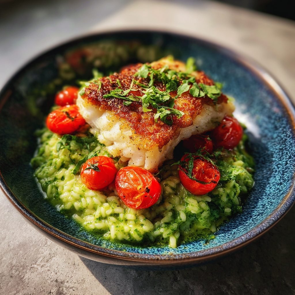 Gebratenes Kabeljaufilet mit Bärlauchrisotto und Kirschtomaten