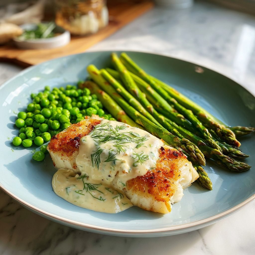 Gebratenes Kabeljaufilet mit Dill-Zitronen-Soße und Spargel-Erbsen-Gemüse