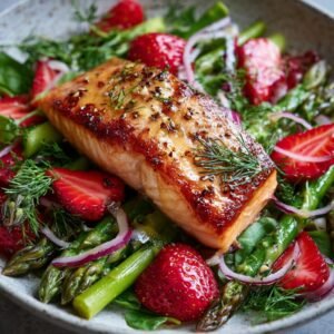 Gebratenes Lachsfilet auf frischem Spargel-Erdbeer-Salat mit Honig-Senf-Dressing
