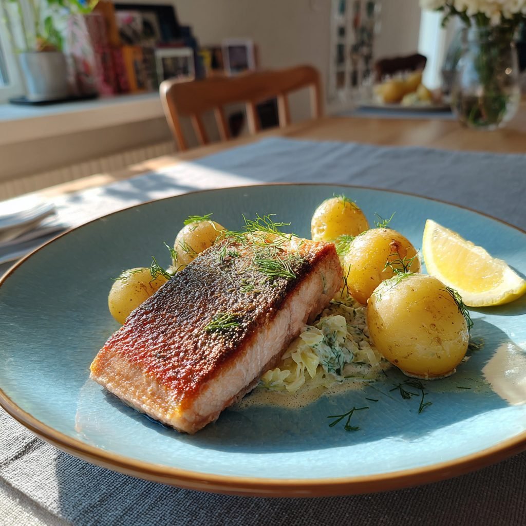 Gebratenes Lachsfilet auf Rahmwirsing mit Dillkartoffeln