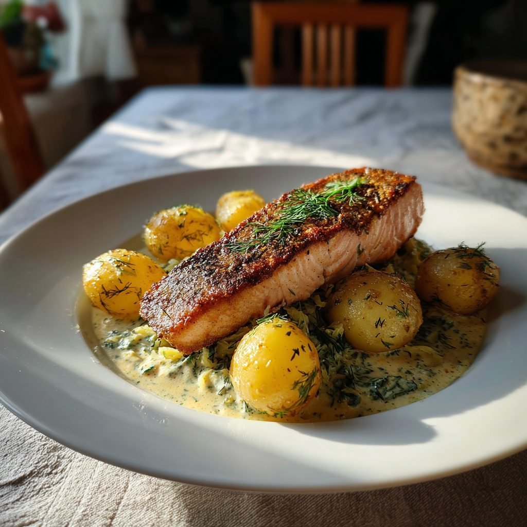 Gebratenes Lachsfilet auf Rahmwirsing mit Dillkartoffeln