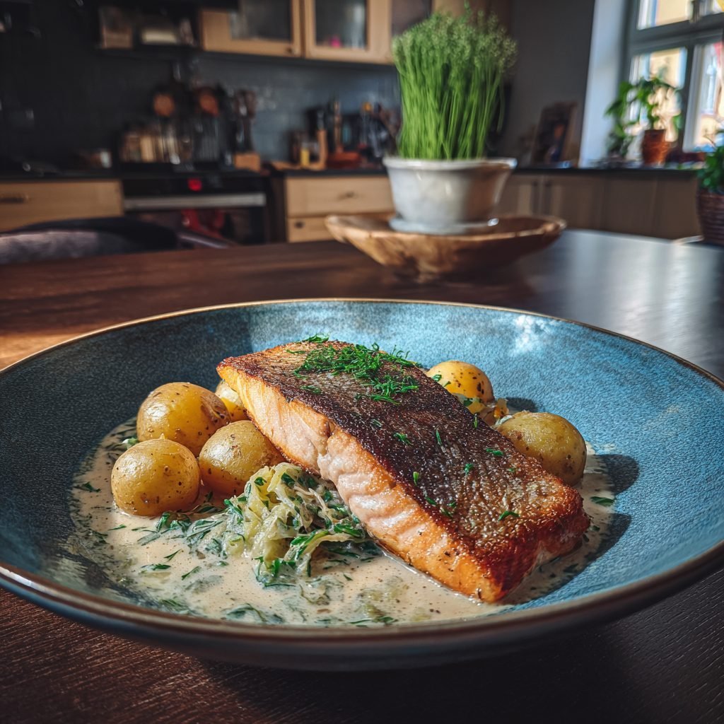 Gebratenes Lachsfilet auf Rahmwirsing mit neuen Kartoffeln