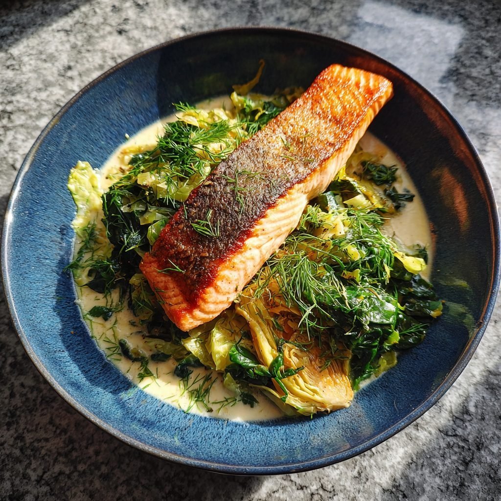 Gebratenes Lachsfilet auf Rahmwirsing