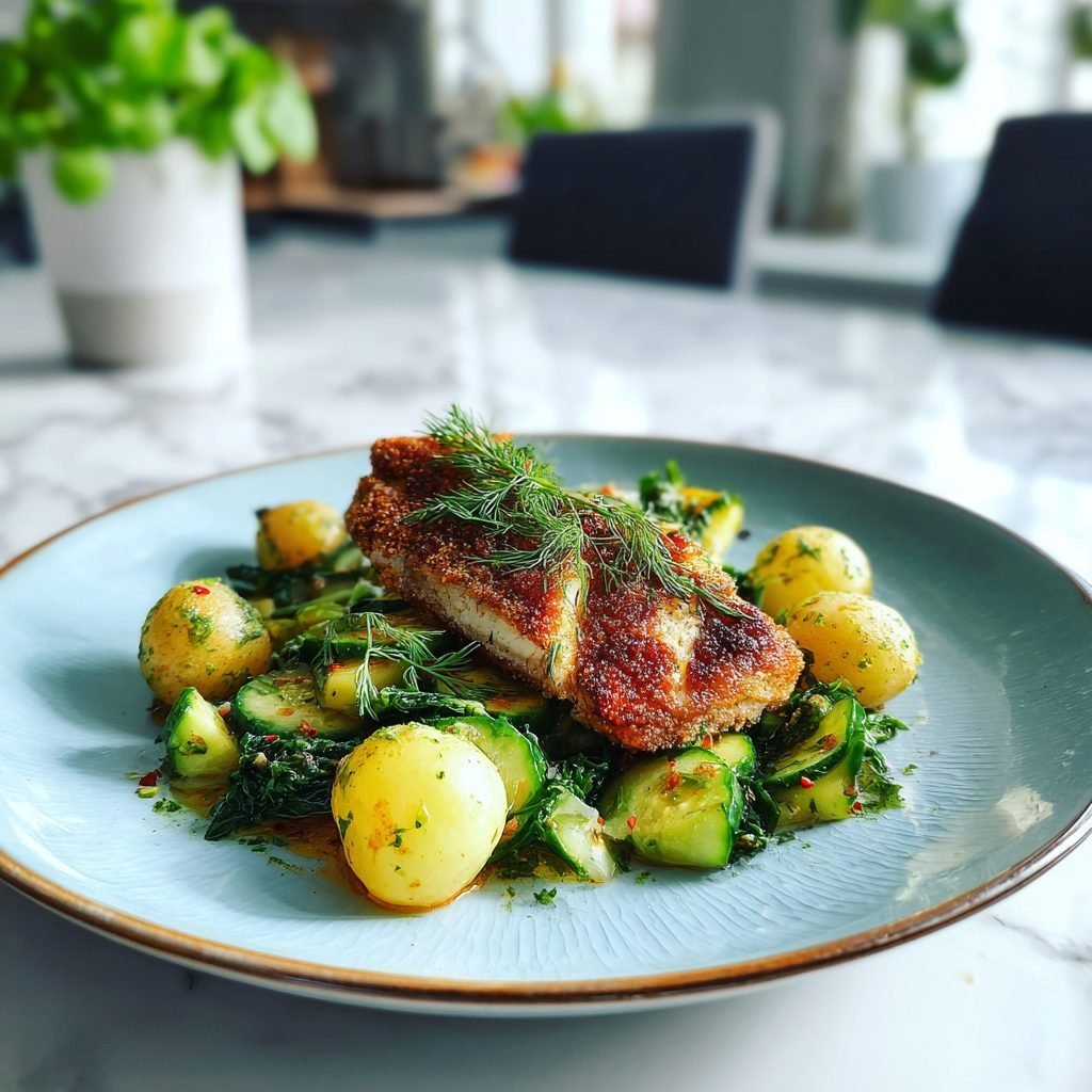 Gebratenes Rotbarschfilet auf Dill-Gurken-Gemüse mit Salzkartoffeln