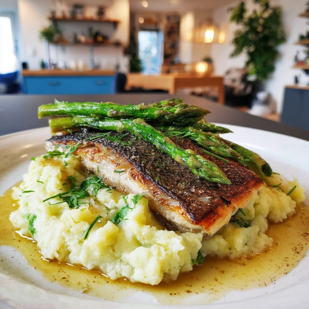 Gebratenes Zanderfilet auf Bärlauch-Kartoffelstampf mit brauner Butter und Spargelspitzen
