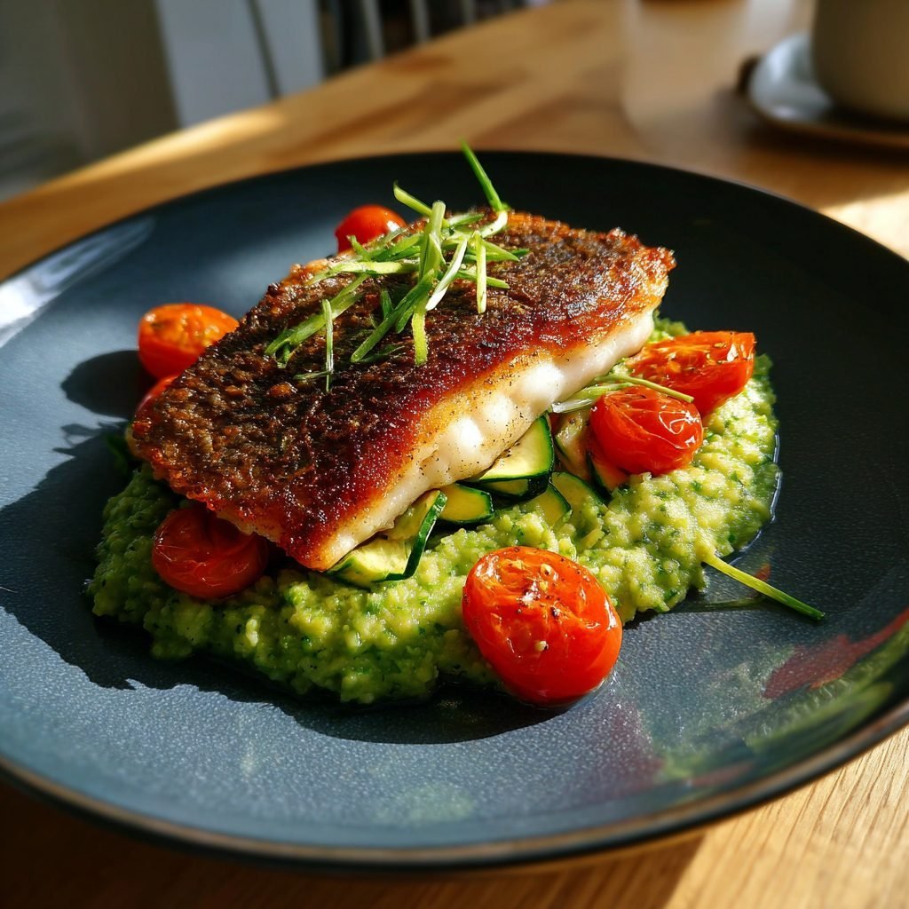 Gebratenes Zanderfilet auf cremigem Bärlauchpüree mit Kirschtomaten