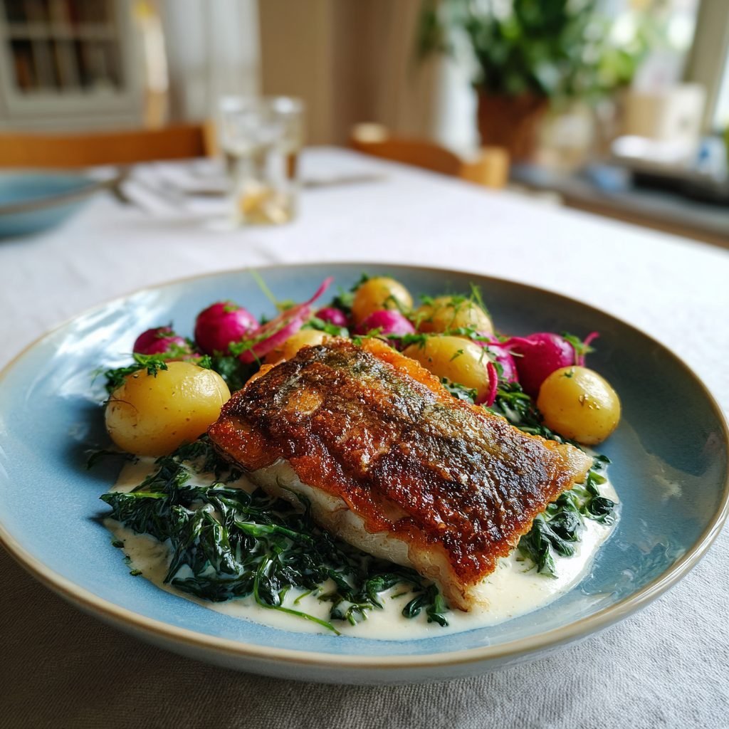 Gebratenes Zanderfilet auf Rahm-Spinat mit jungen Kartoffeln und Radieschensalat