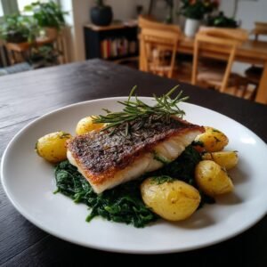 Gebratenes Zanderfilet auf Rahmspinat mit kleinen Rosmarinkartoffeln