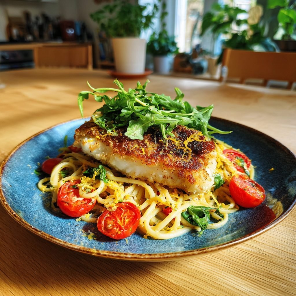 Gebratenes Zanderfilet auf Zitronen-Kräuter-Linguine mit Rucola