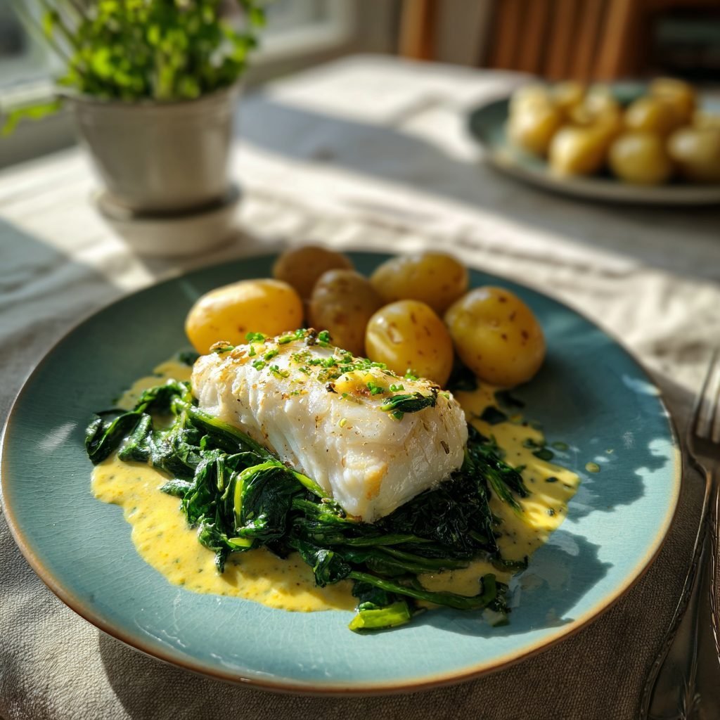 Gedämpftes Dorschfilet auf jungem Spinat mit Zitronen-Kapern-Soße und neuen Kartoffeln